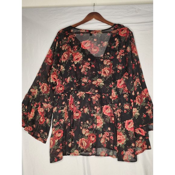 Torrid Black Floral Shimmer Chiffon Long Bell Sleeve Babydoll Plus Size Large 2x - Picture 3 of 10